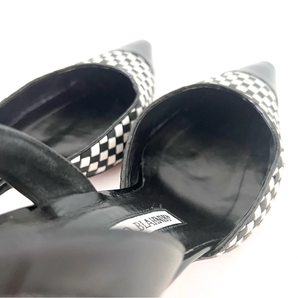 MANOLO BLAHNIK | Carolyne Cap Toe Woven Leather SlingBack Pointed Pumps - Picture 9 of 16